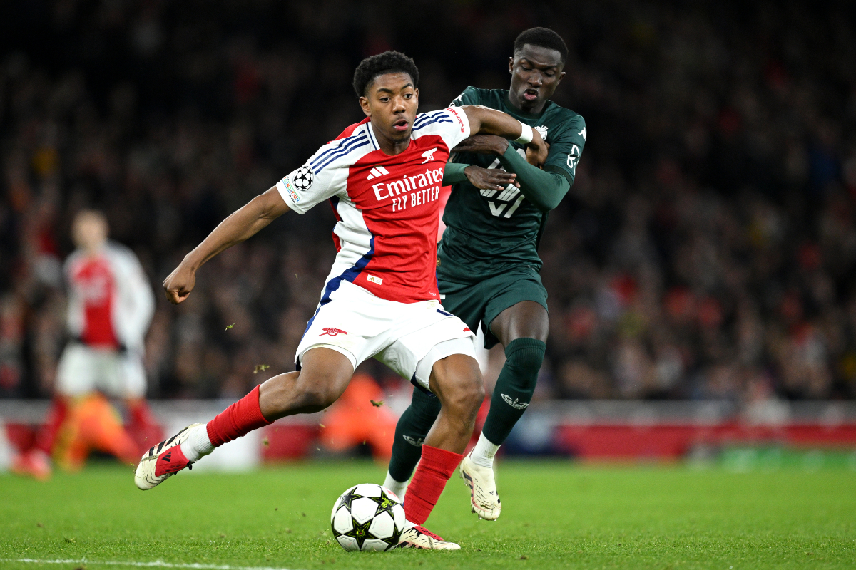 Myles Lewis-Skelly on the ball for Arsenal