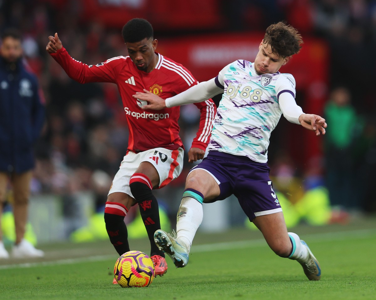 Milos Kerkez in action against Manchester United