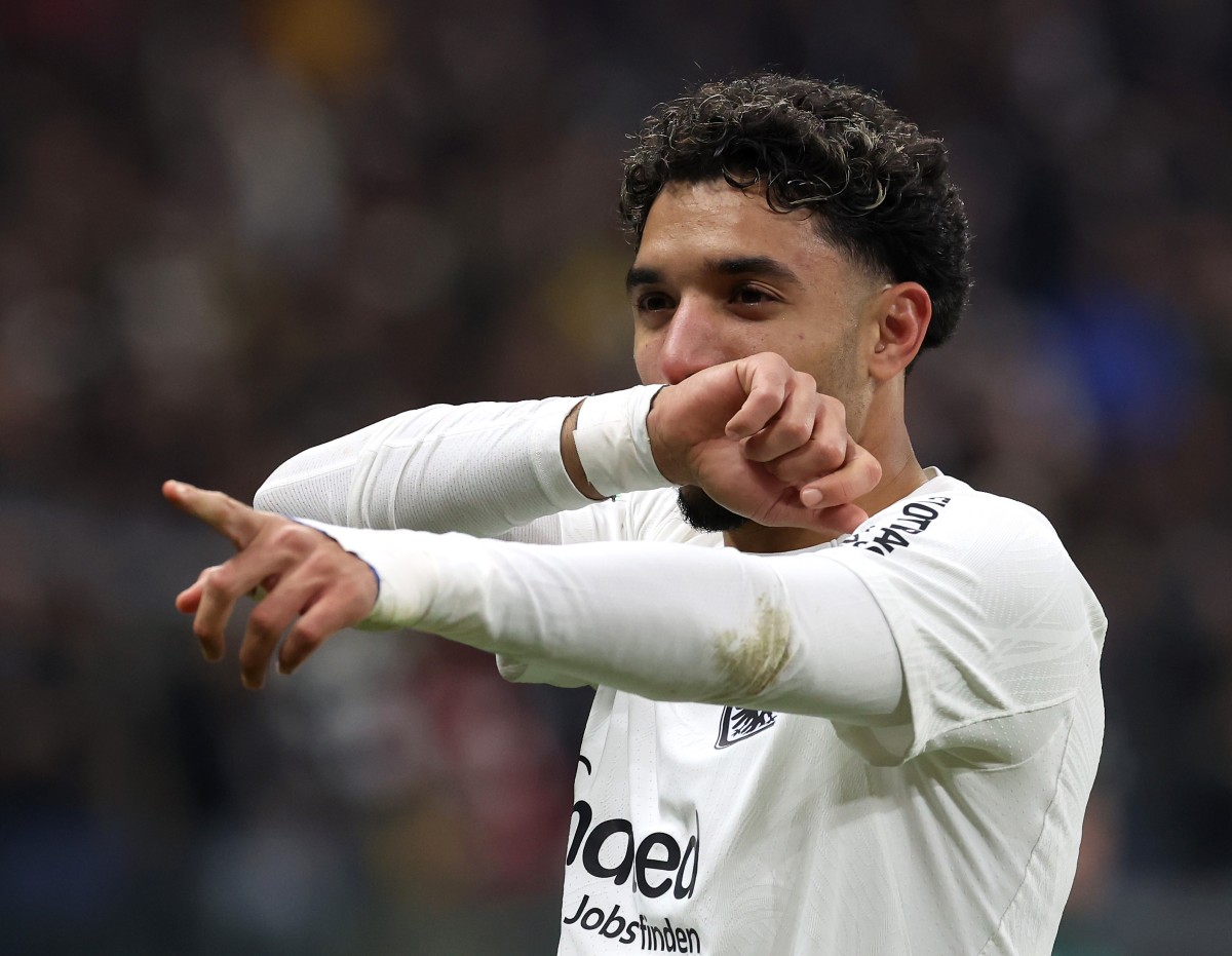 Omar Marmoush celebrates a goal for Eintracht Frankfurt