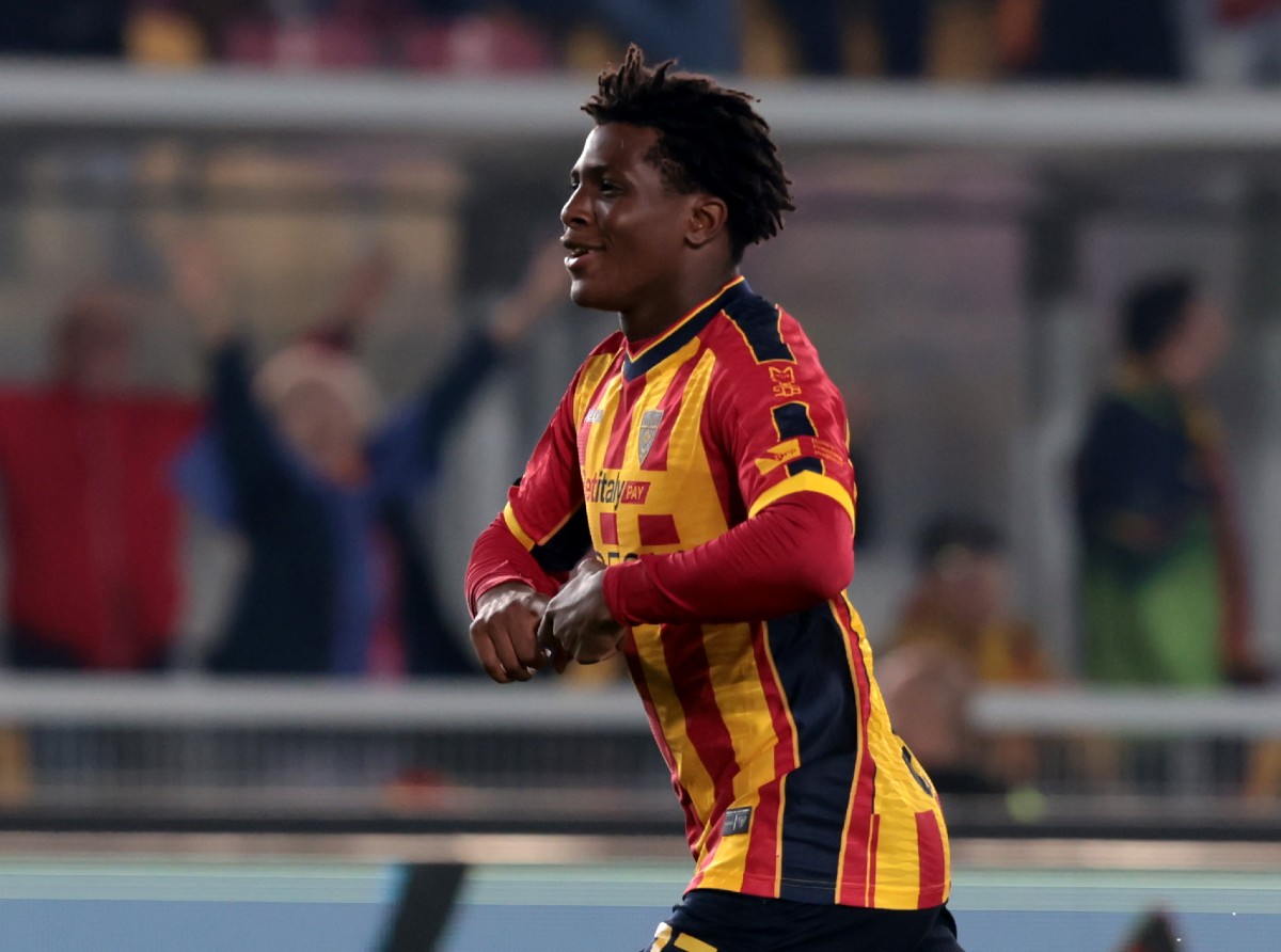 Patrick Dorgu celebrates a goal for Lecce