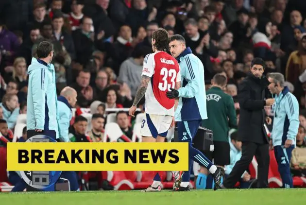 Riccardo Calafiori goes off injured for Arsenal