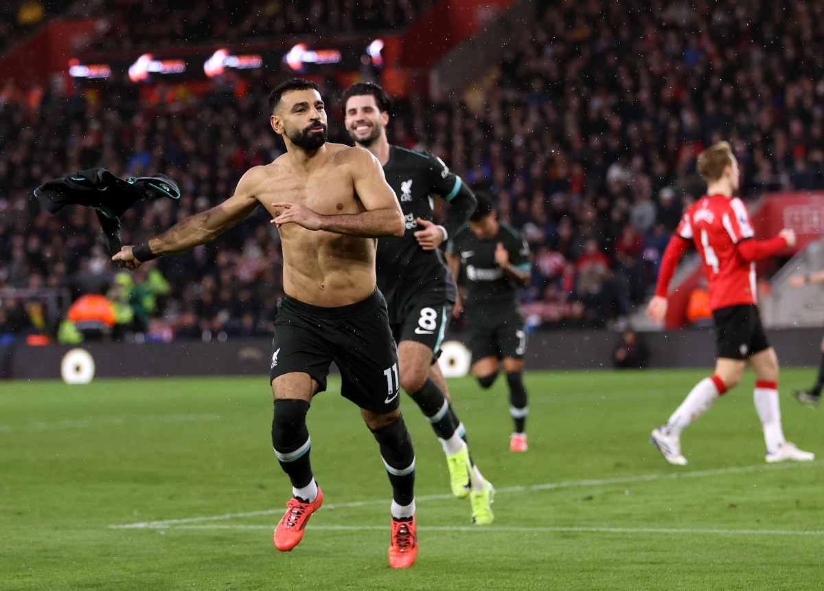 Mohamed Salah celebrates a goal for Liverpool against Southampton