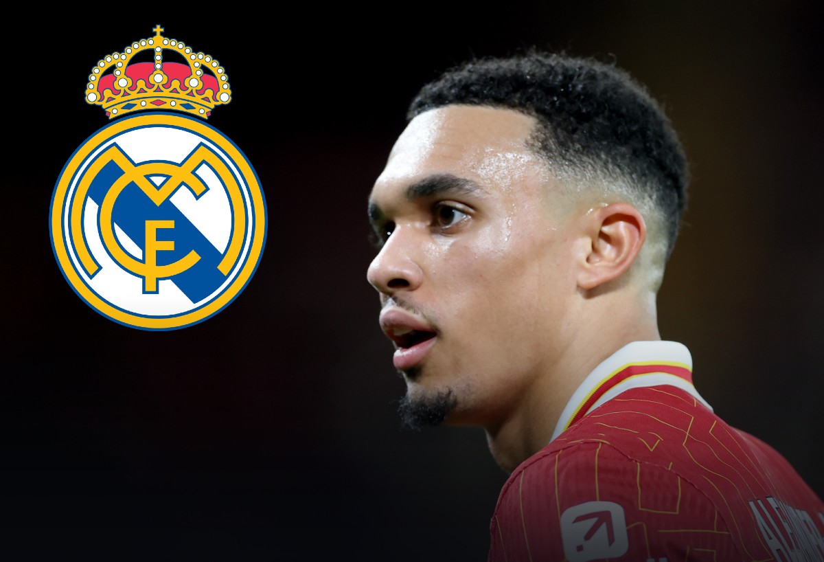 Trent Alexander-Arnold's face alongside the Real Madrid club crest