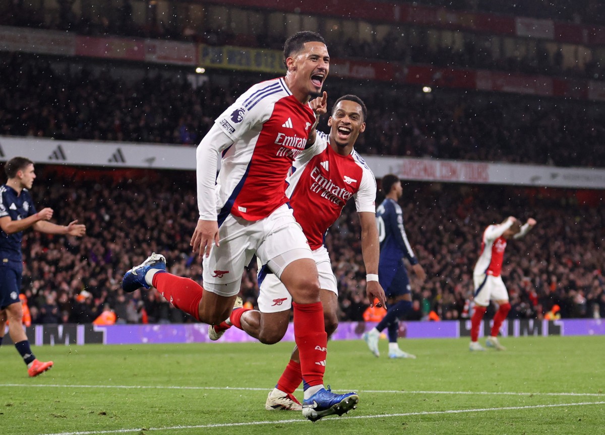 William Saliba and Jurrien Timber celebrate for Arsenal