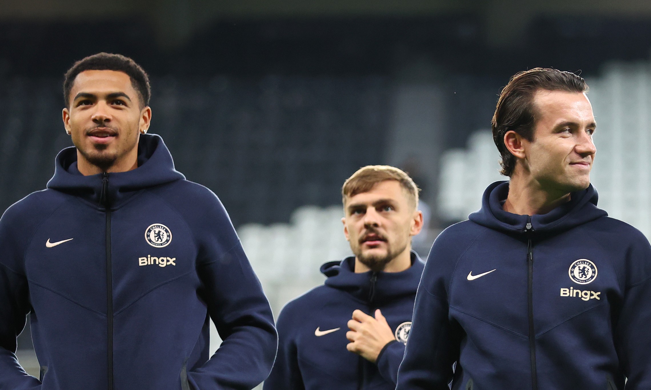 Levi Colwill, Ben Chilwell and Noni Madueke of Chelsea