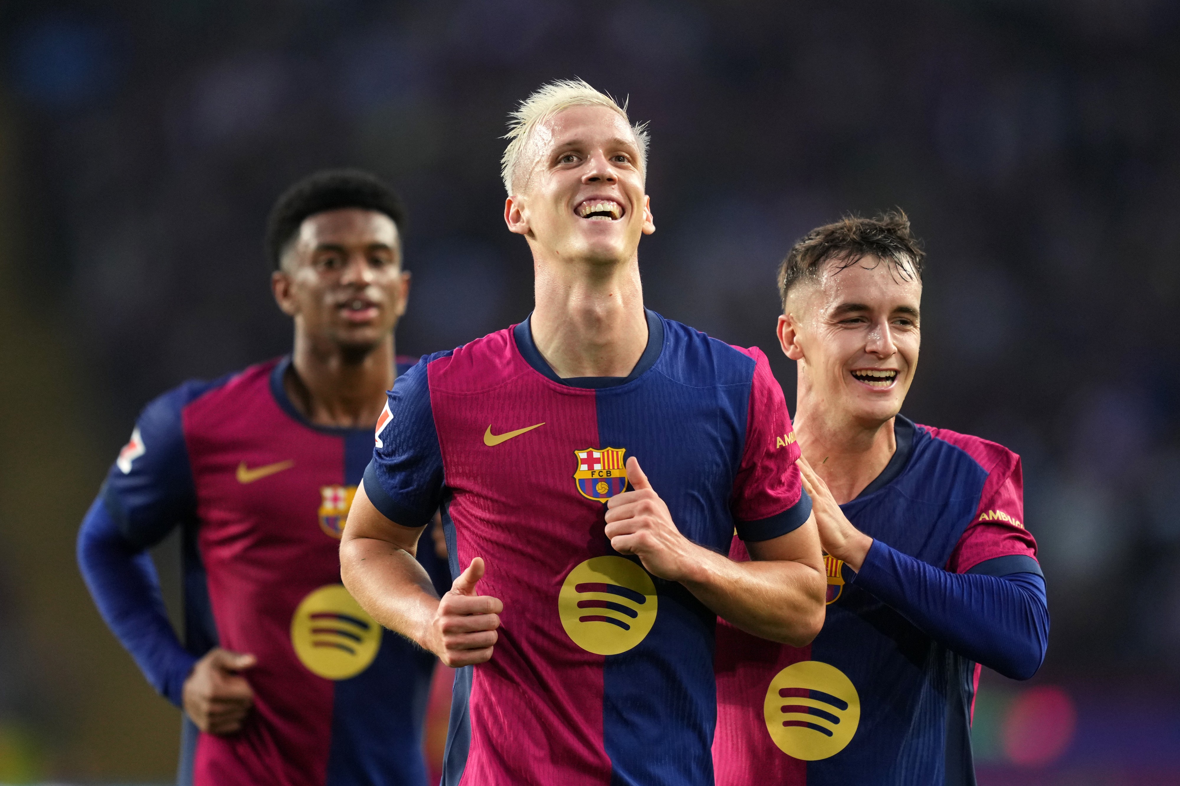 Dani Olmo of FC Barcelona celebrates 