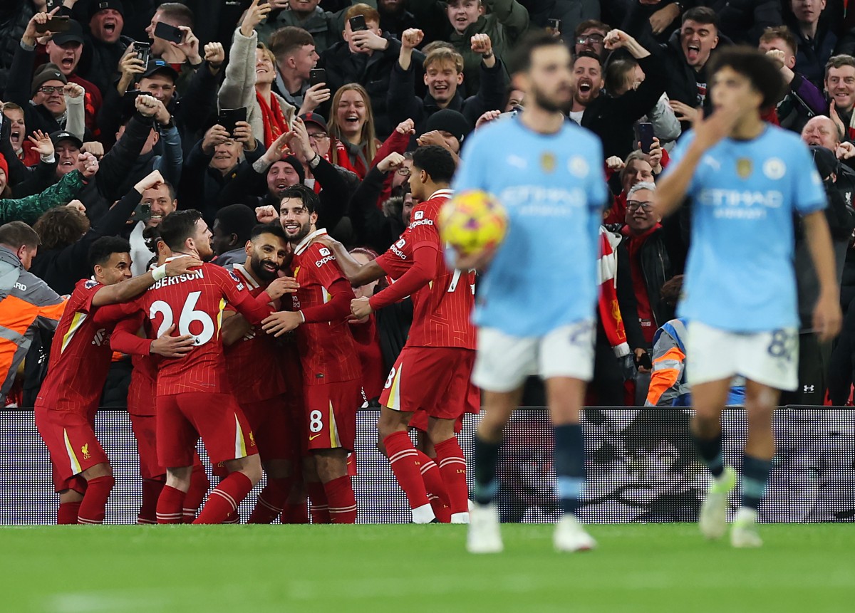 Liverpool players celebrate scoring against Manchester City at Anfield