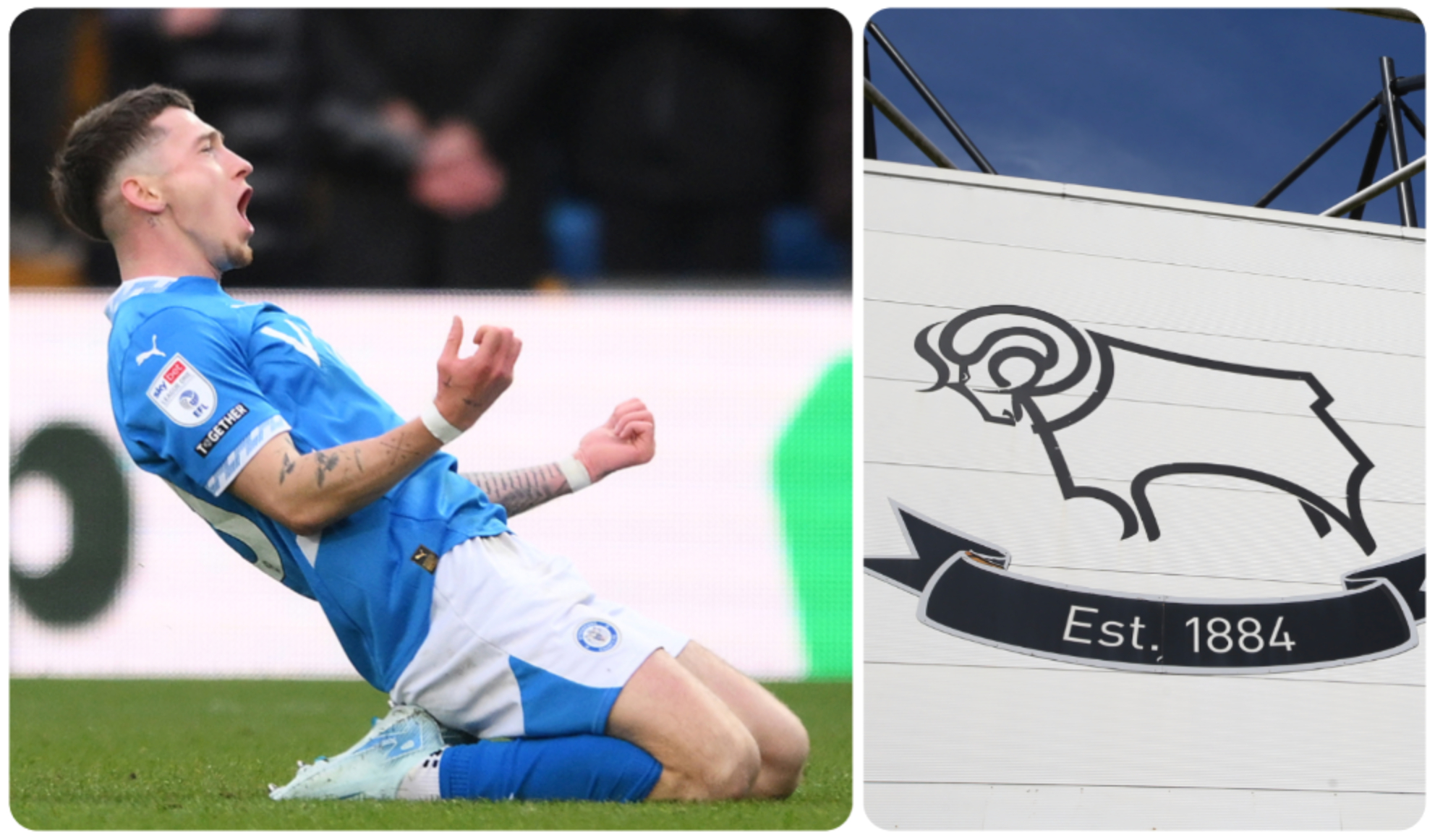 A collage of Louie Barry and the Derby County badge.