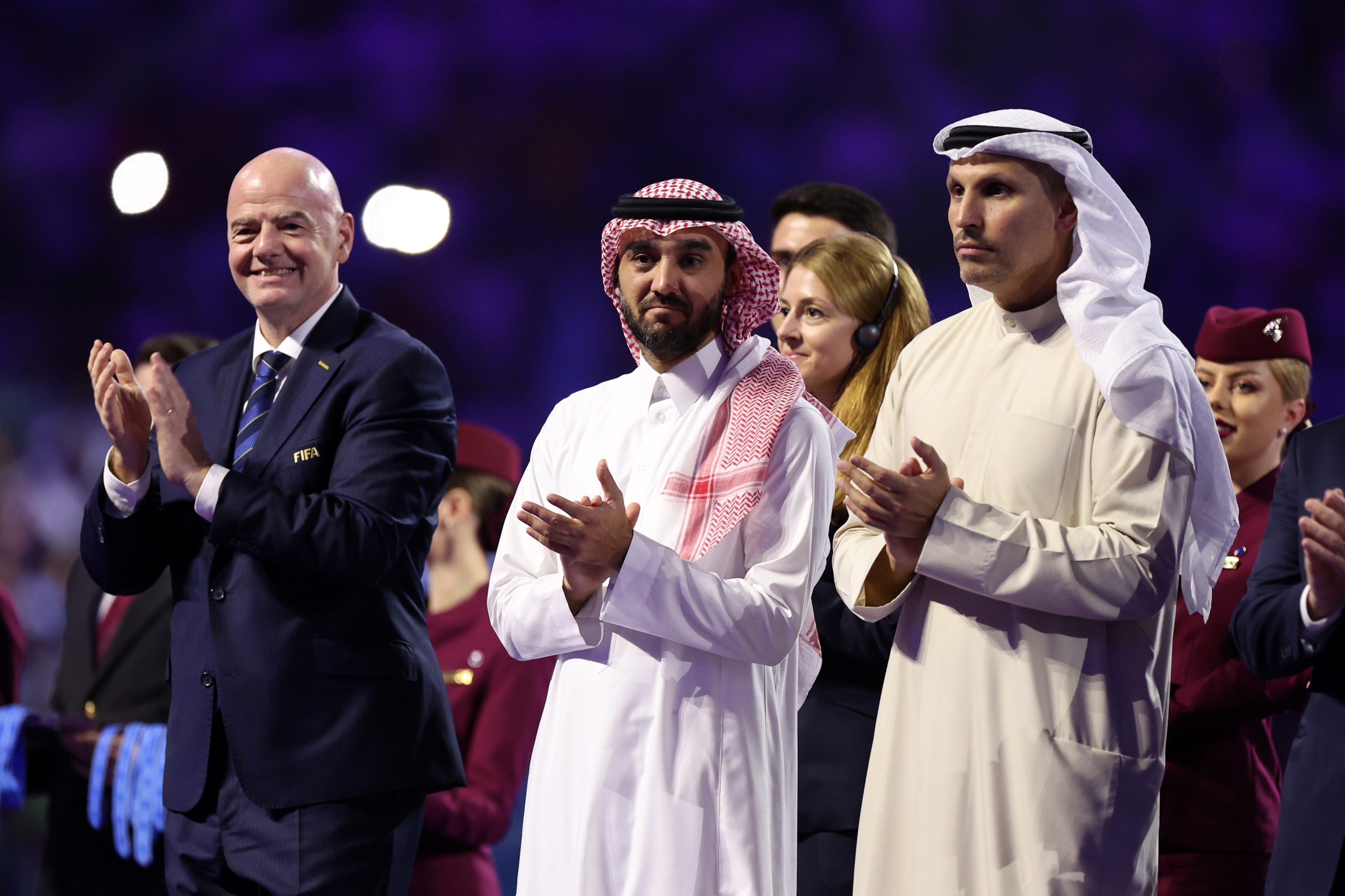 FIFA President Gianni Infantino with Prince Abdulaziz bin Turki Al Faisal and Khaldoon Khalifa Al Mubarak.