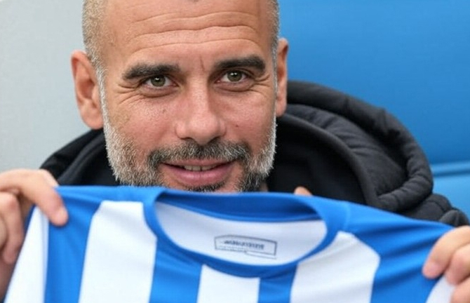 AI-generated image of Pep Guardiola holding a Brighton shirt