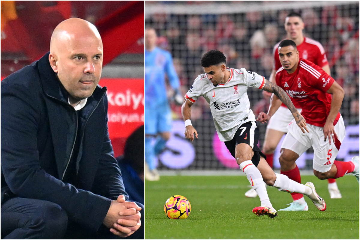 Arne Slot and Luis Diaz during Liverpools draw with Nottingham Forest