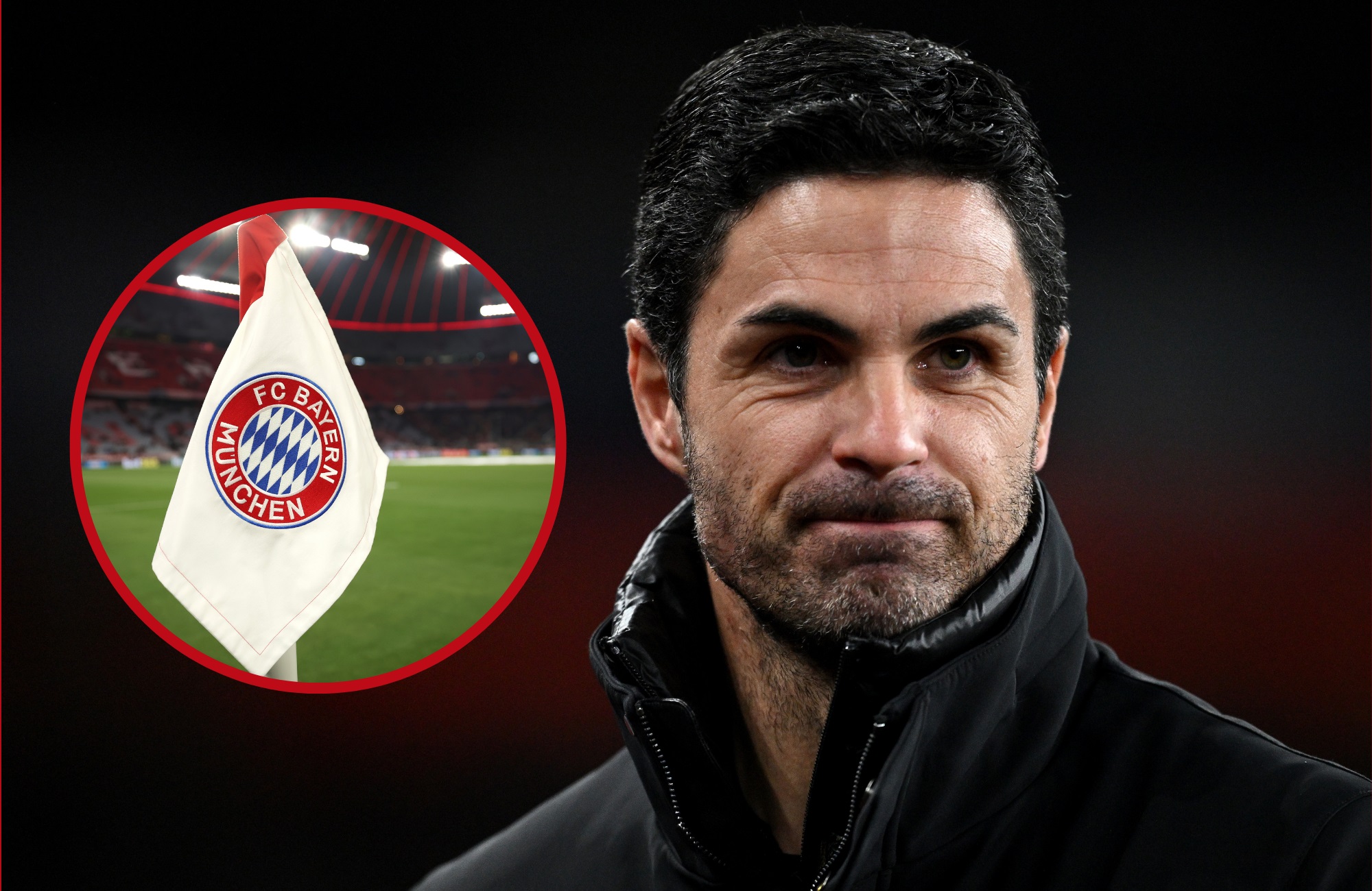 Mikel Arteta looks bemused next to a picture of a Bayern Munich corner flag.