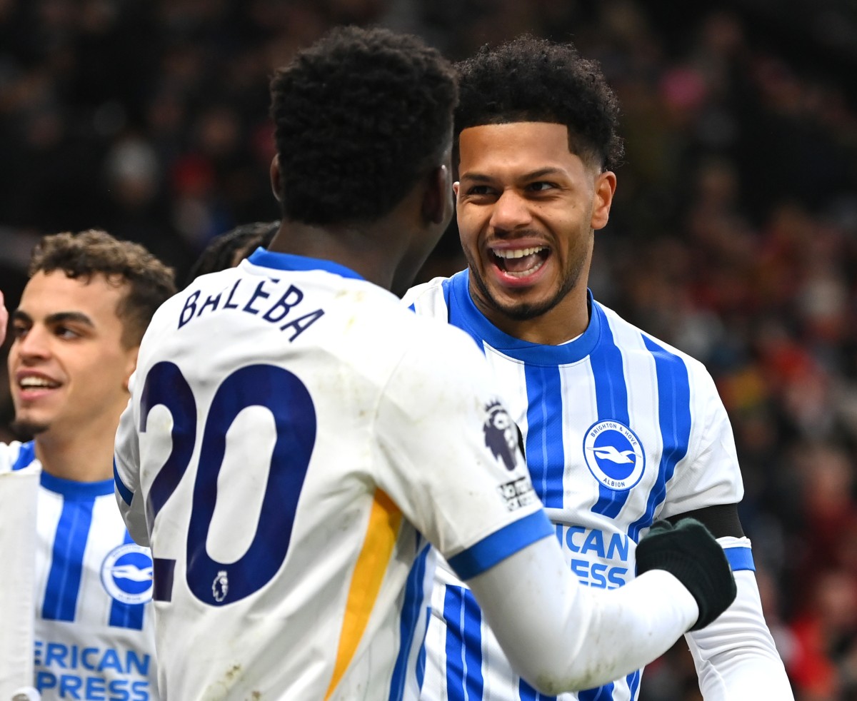 Carlos Baleba and Georginio Rutter celebrate for Brighton in their win against Man Utd