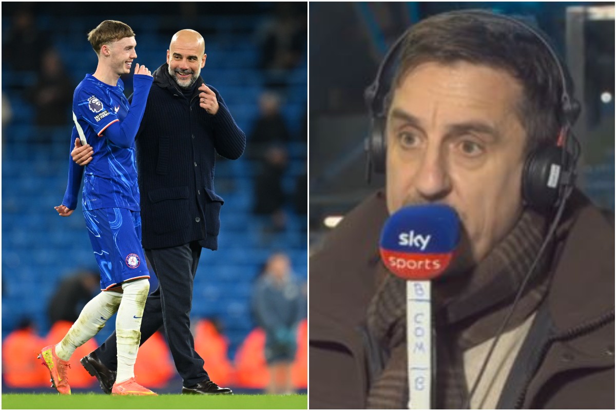 Cole Palmer, Pep Guardiola and Gary Neville