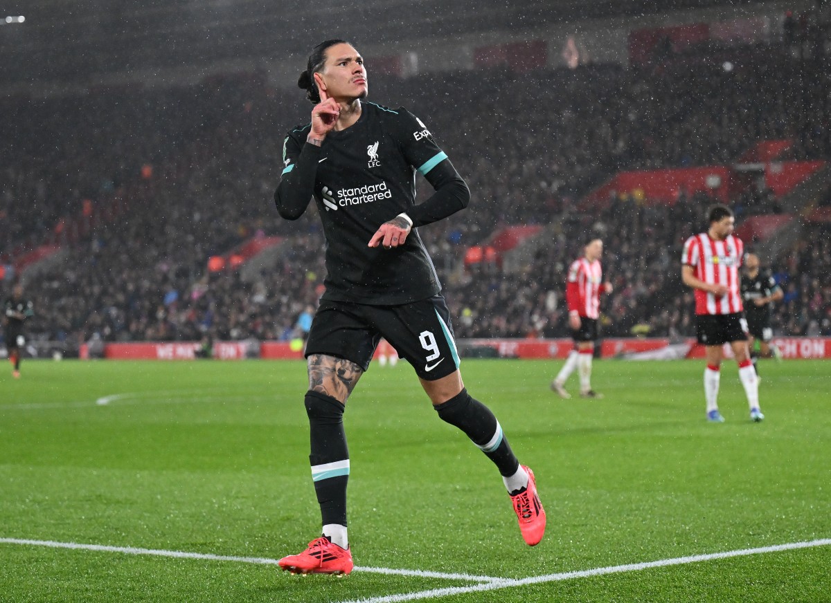 Darwin Nunez celebrates a goal for Liverpool against Southampton