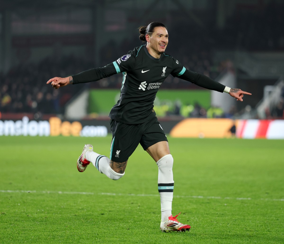 Darwin Nunez celebrates scoring for Liverpool against Brentford