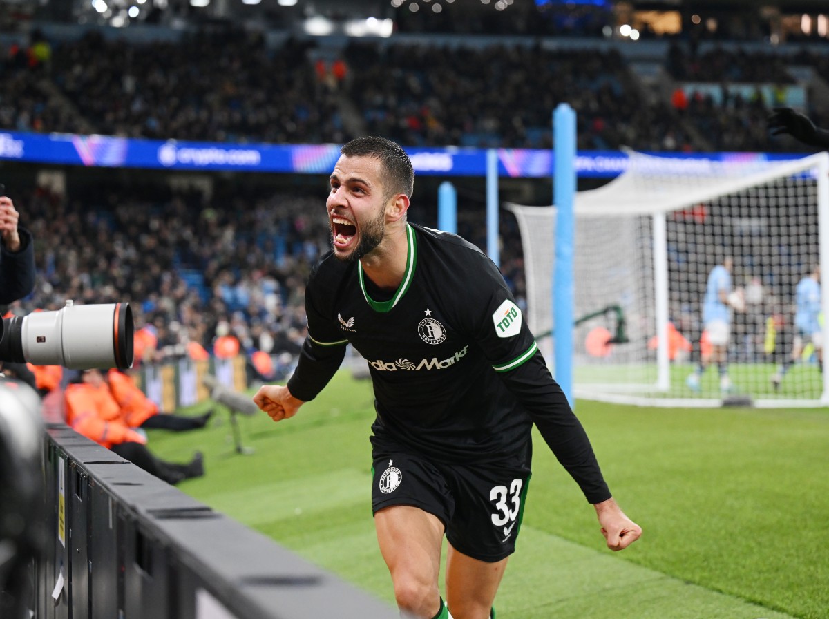 David Hancko celebrates a goal for Feyenoord