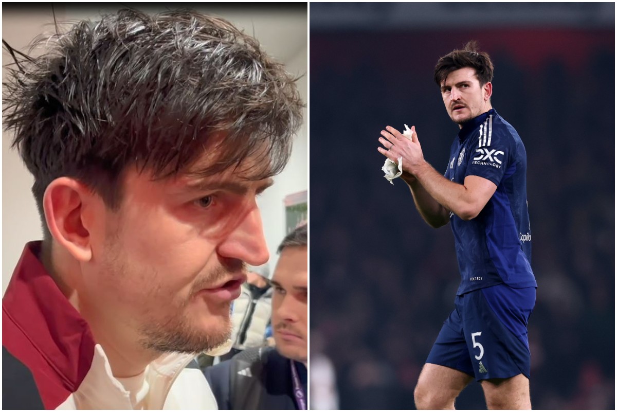 Harry Maguire in a post-match interview applauds the fans at Emirates Stadium