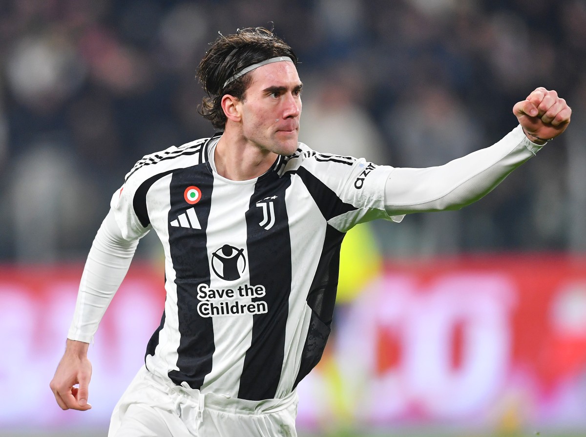 Juventus striker Dusan Vlahovic celebrates a goal