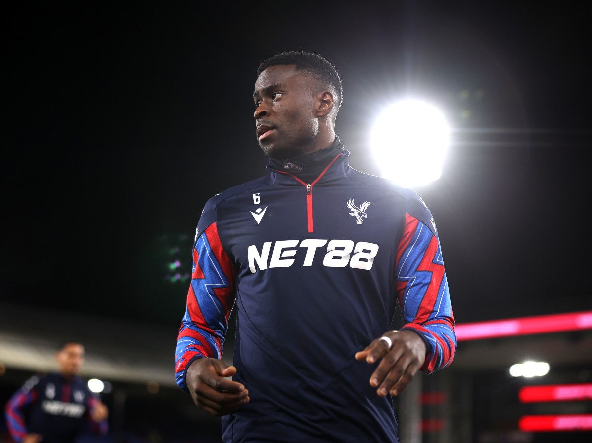 Marc Guehi warming up for Crystal Palace ahead of the game vs Arsenal