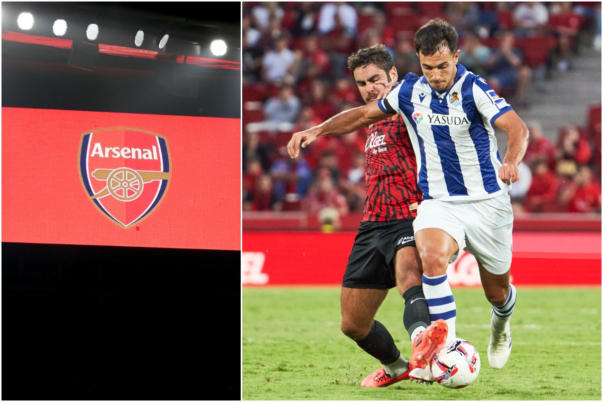 Martin Zubimendi in action for Real Sociedad and Arsenal FC logo