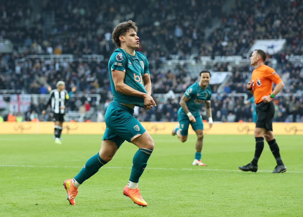 Milos Kerkez celebrates scoring against Newcastle