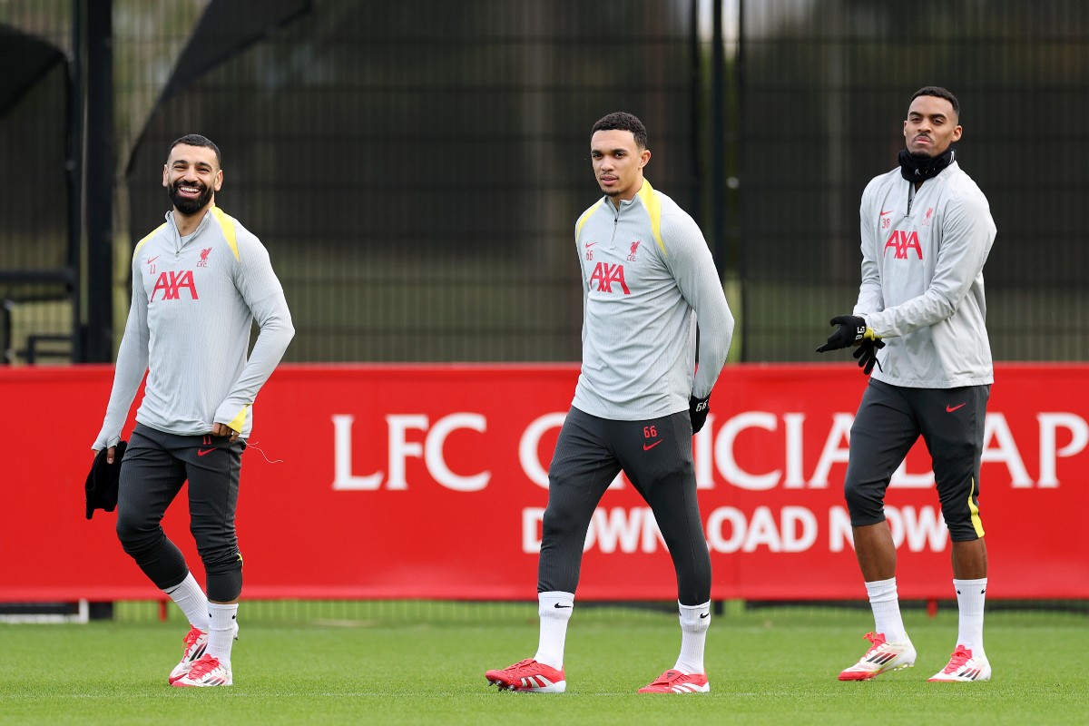 Mohamed Salah, Trent Alexander-Arnold, and Ryan Gravenberch in Liverpool training