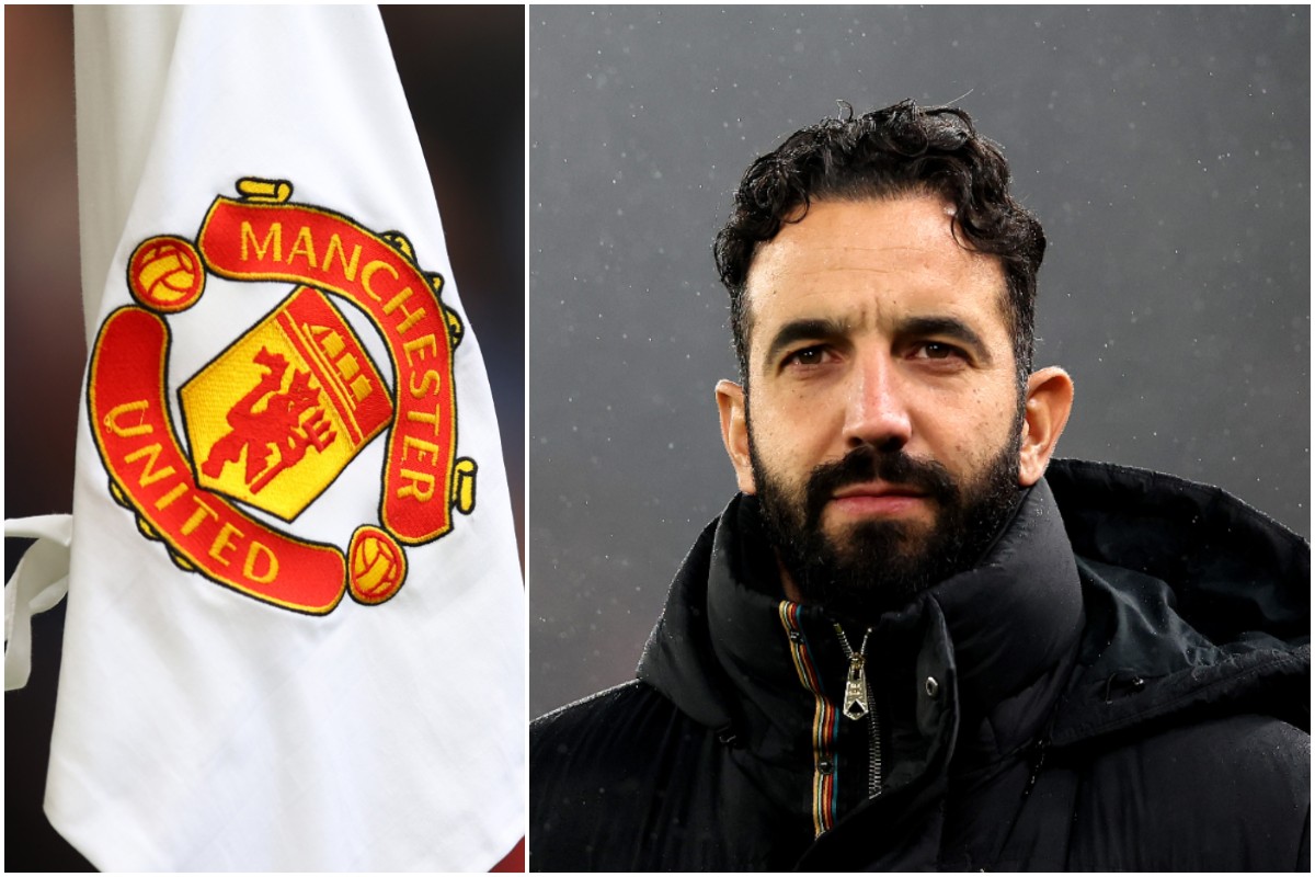 Ruben Amorim and a close up of a Man United corner flag