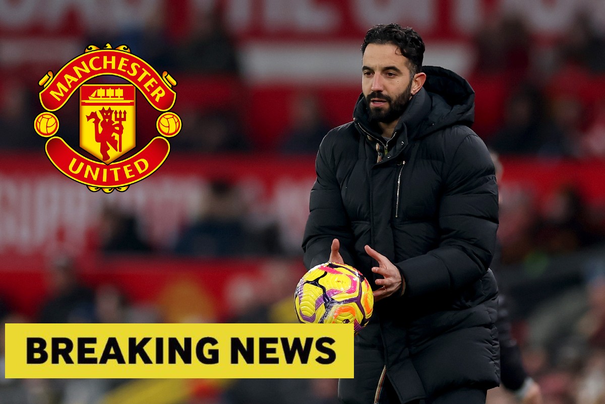 Man United manager Ruben Amorim and breaking news banner