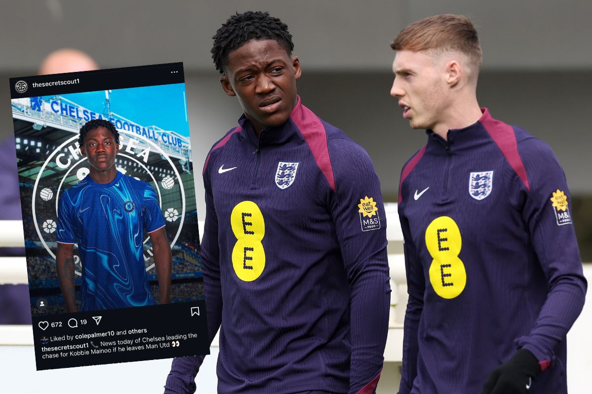 Kobbie Mainoo and Cole Palmer of England talk with a screenshot of the IG post attached