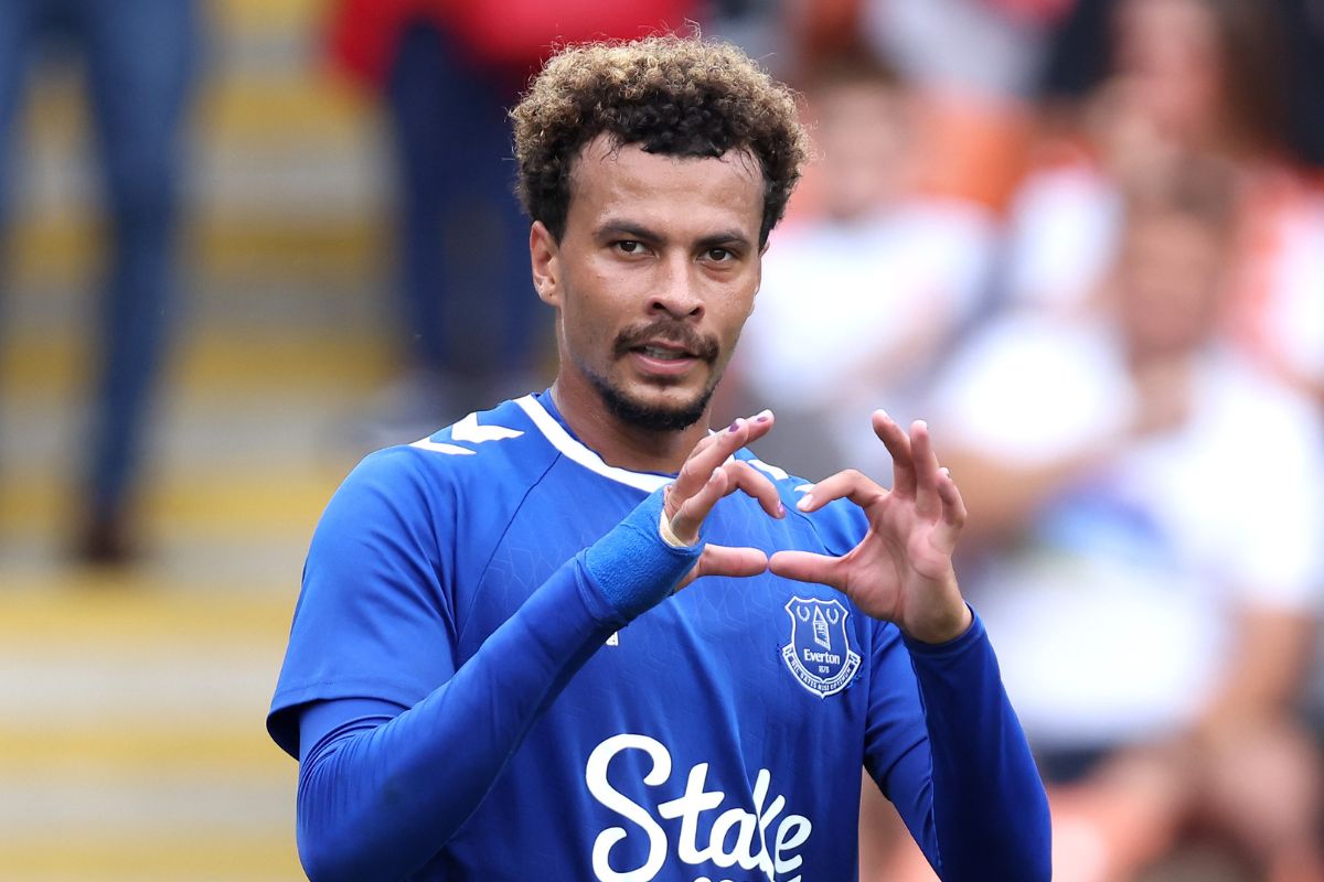 BLACKPOOL, ENGLAND - JULY 24: Dele Alli of Everton celebrates after scoring their side's fourth goal during the Pre-Season Friendly match between Blackpool and Everton at Bloomfield Road on July 24, 2022 in Blackpool, England. (Photo by George Wood/Getty Images)