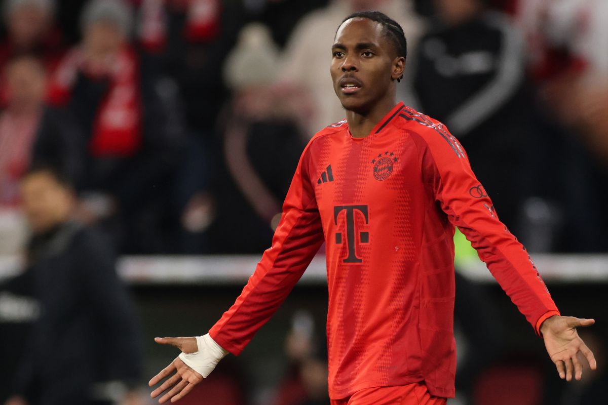 Mathys Tel of the Bayern Muenchen reacts during the 16 -game DFB Cup round between FC Bayern München and Bayer 04 Leverkusen