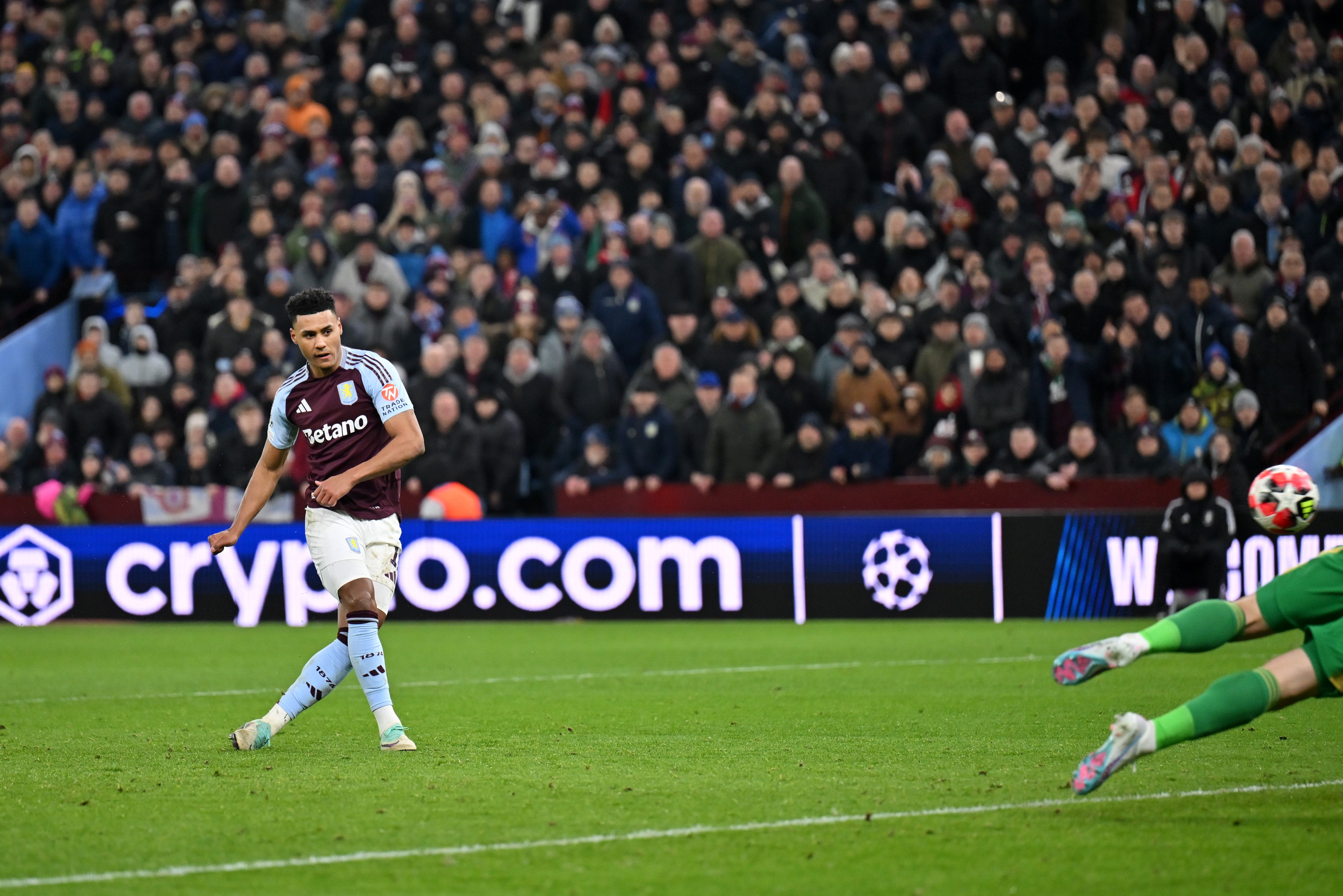 Ollie Watkins of Aston Villa scores against Celtic