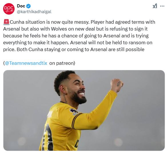 A screen shot of a post on X about Matheus Cunha's potential transfer to Arsenal