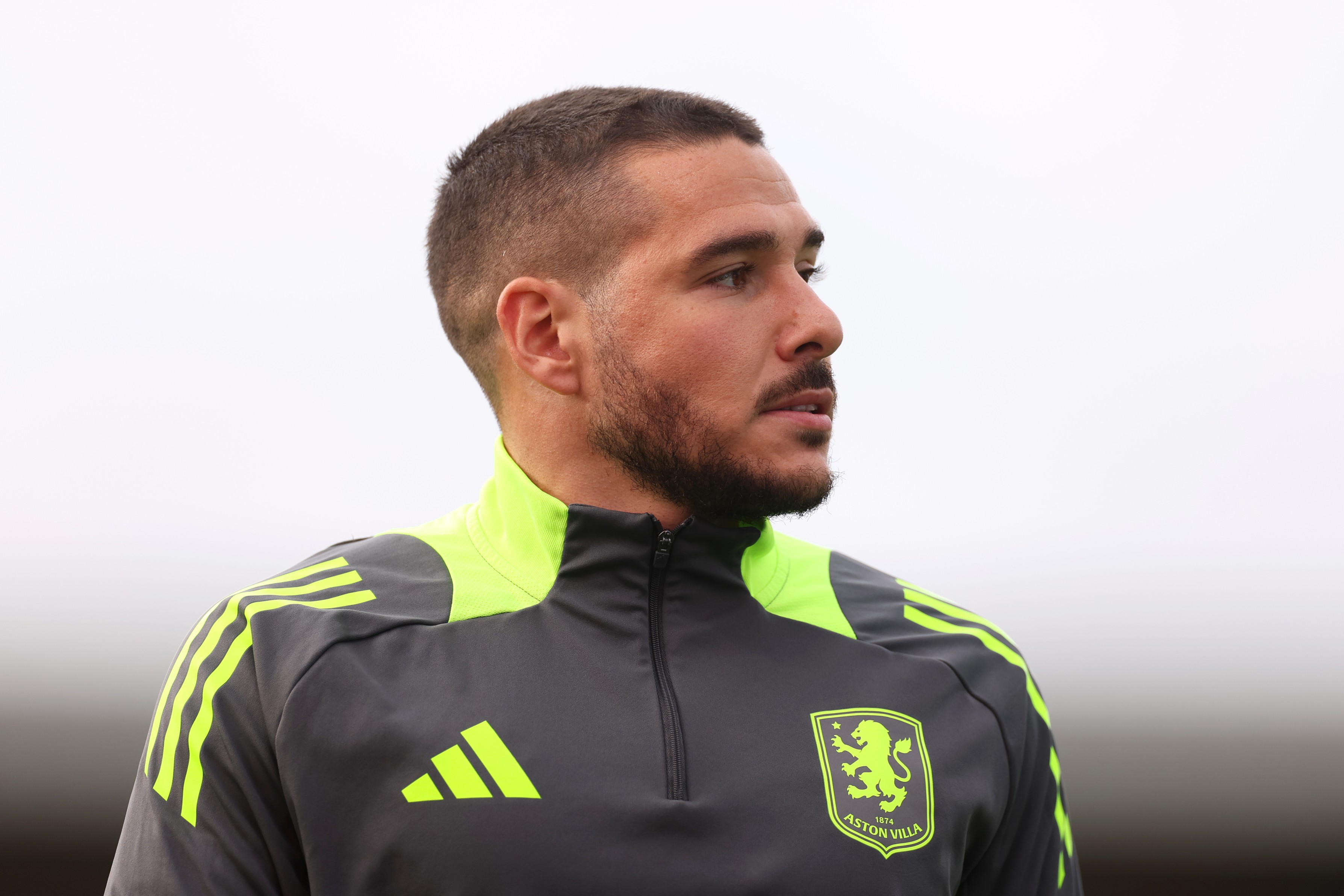 Aston Villa's Emiliano Buendia warms up before the match