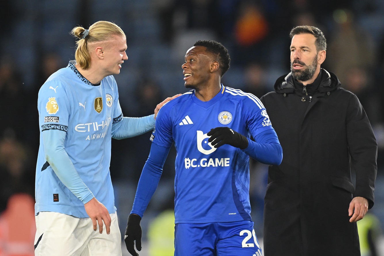 Leicester City striker Patson Daka with Manchester City striker Erling Haaland