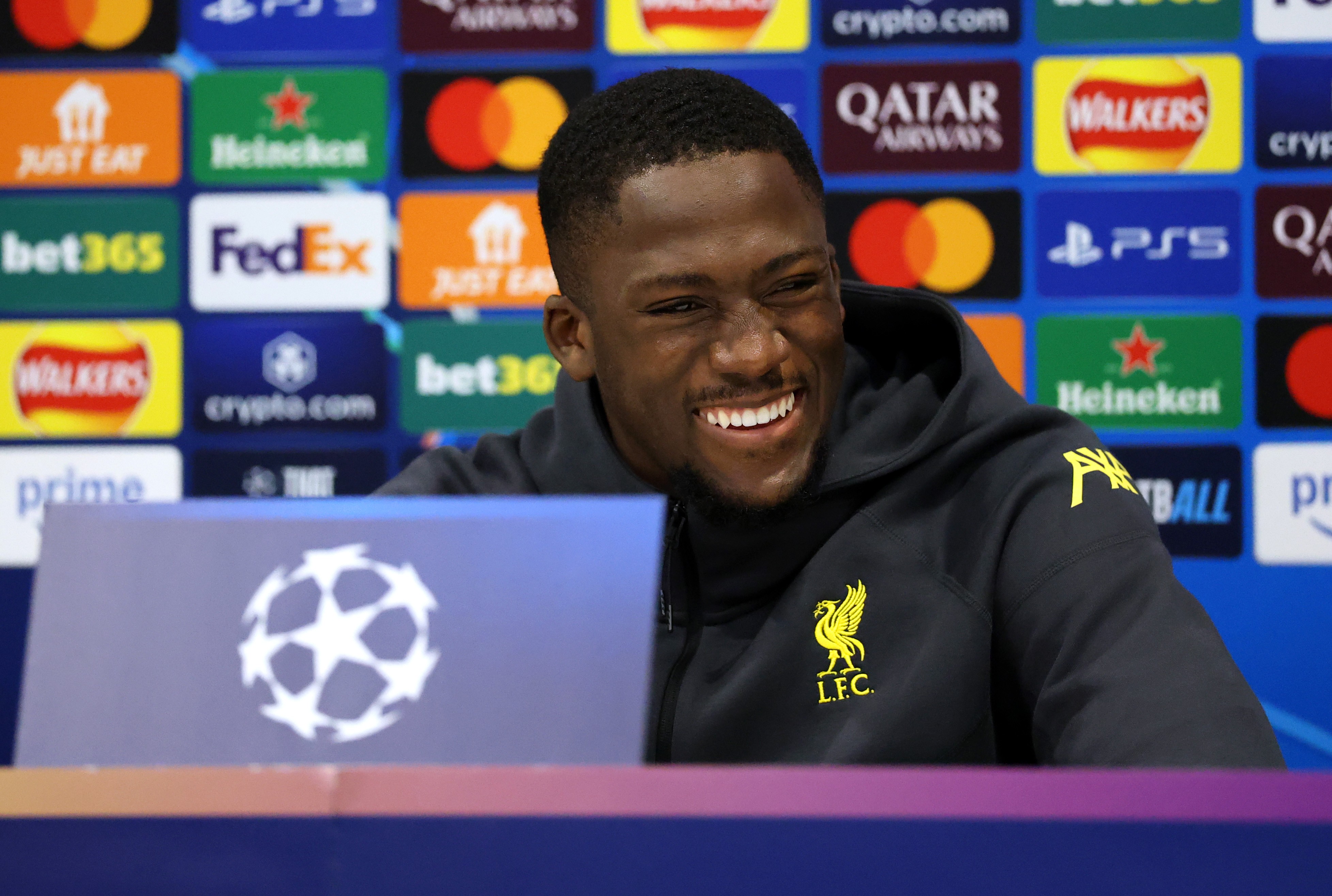 Ibrahima Konate of Liverpool reacts during the UEFA Champions League 2024/25 League Phase MD7 press conference