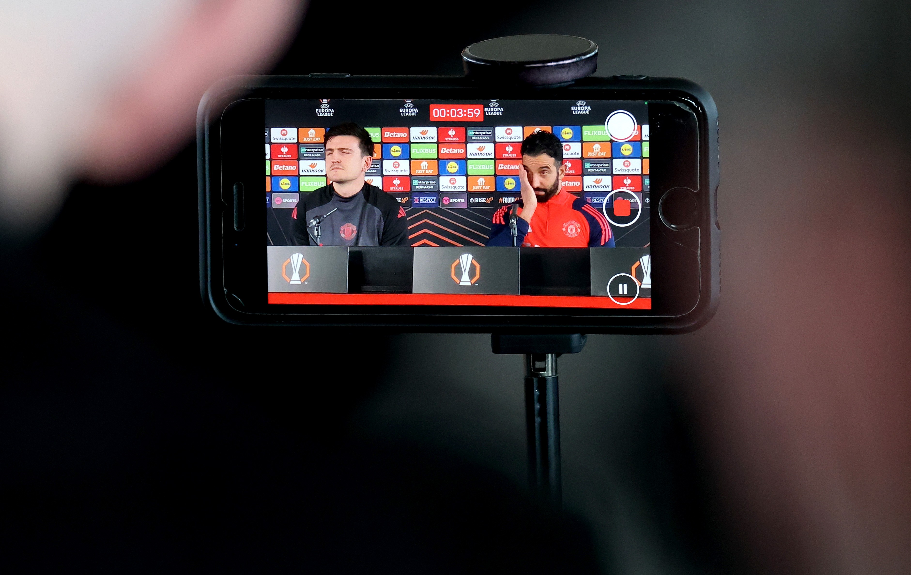 Ruben Amorim, Manager of Manchester United and Harry Maguire during the UEFA Europa League 2024/25 League Phase MD7 press conference