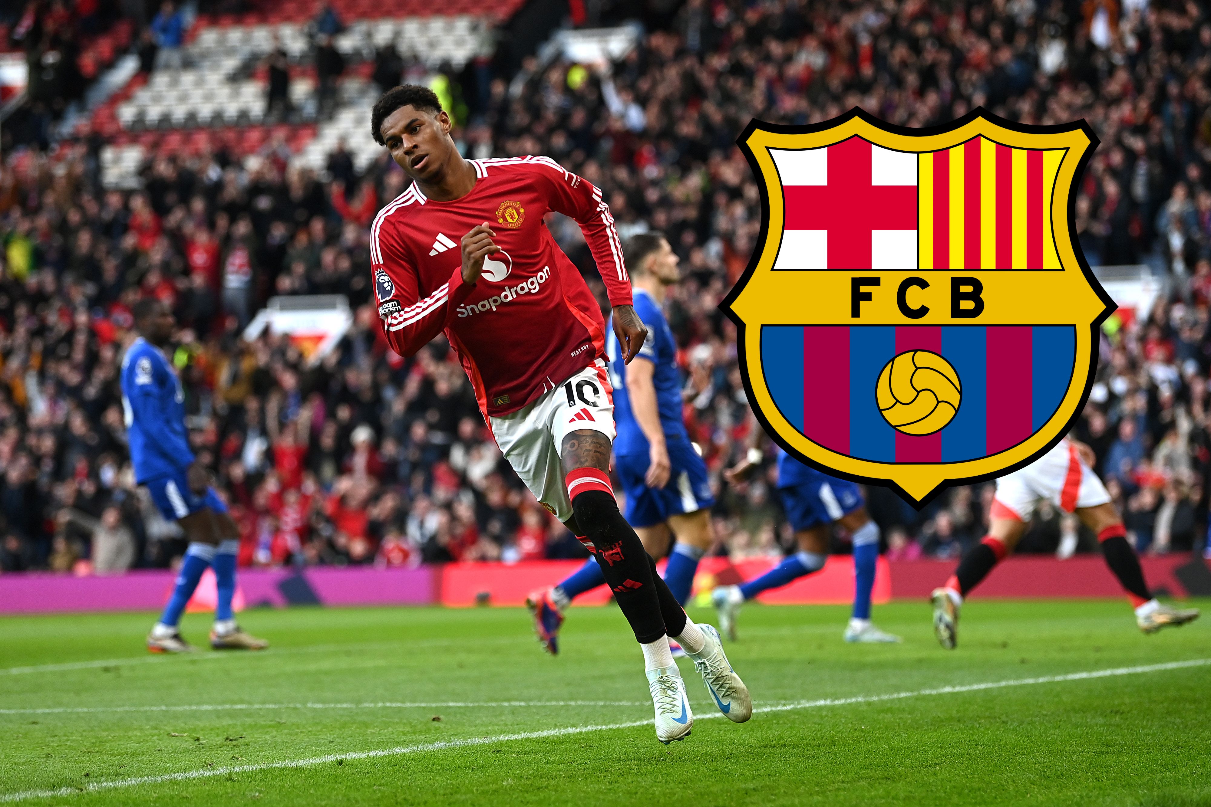 Marcus Rashford of Manchester United celebrates scoring his team's third goal during the Premier League match against Everton