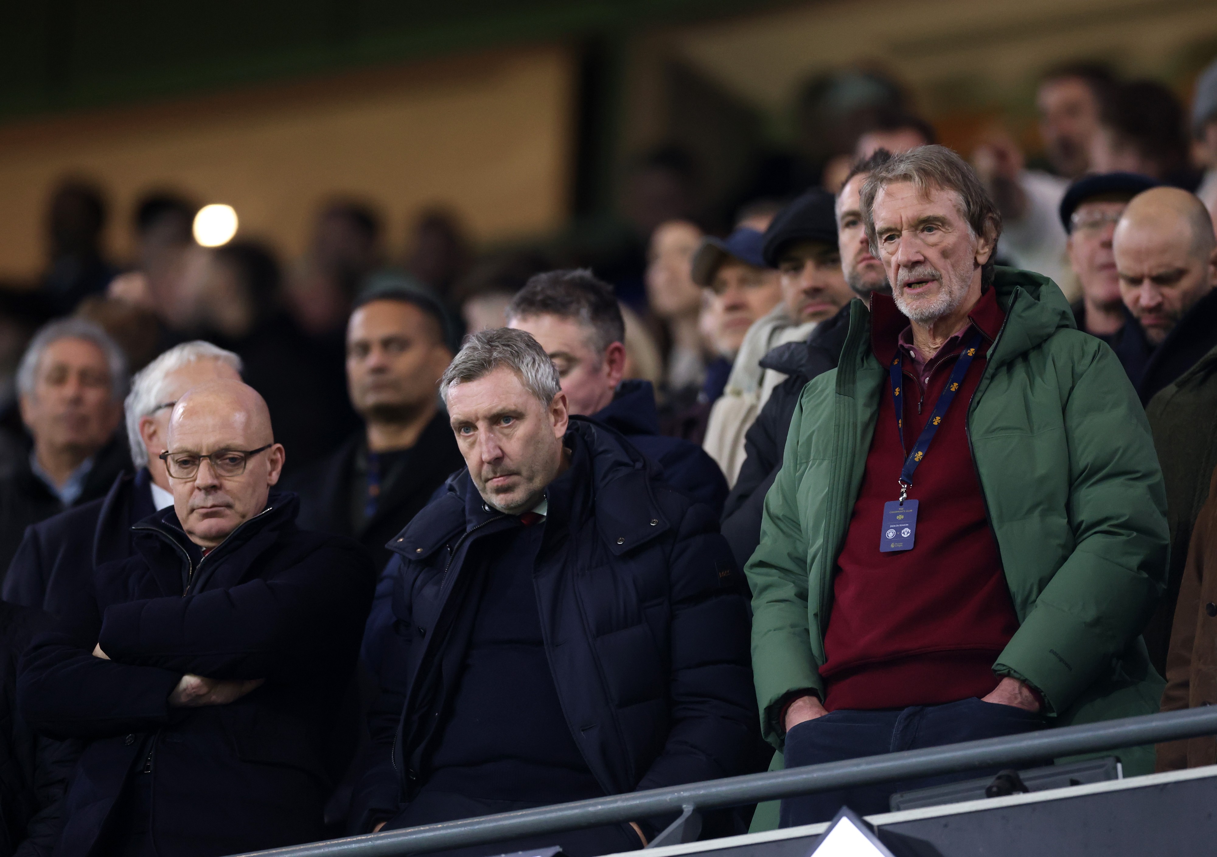 Dave Brailsford, Jason Wilcox and Sir Jim Ratcliffe are seen in attendance prior to the Premier League match between Manchester City and Manchester United.