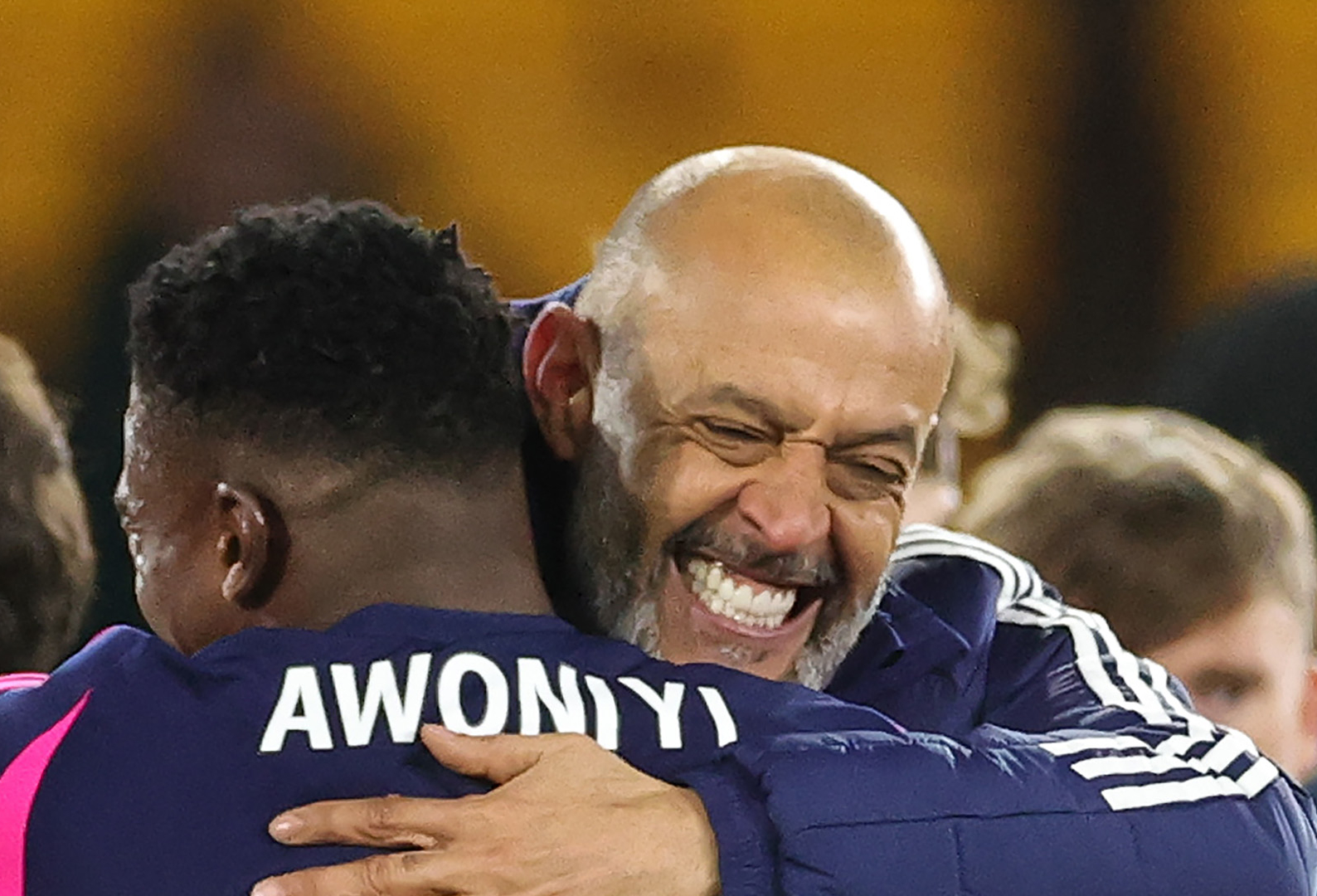 Nottingham Forest Manager, Nuno Espirito Santo, celebrating with Taiwo Awoniyi