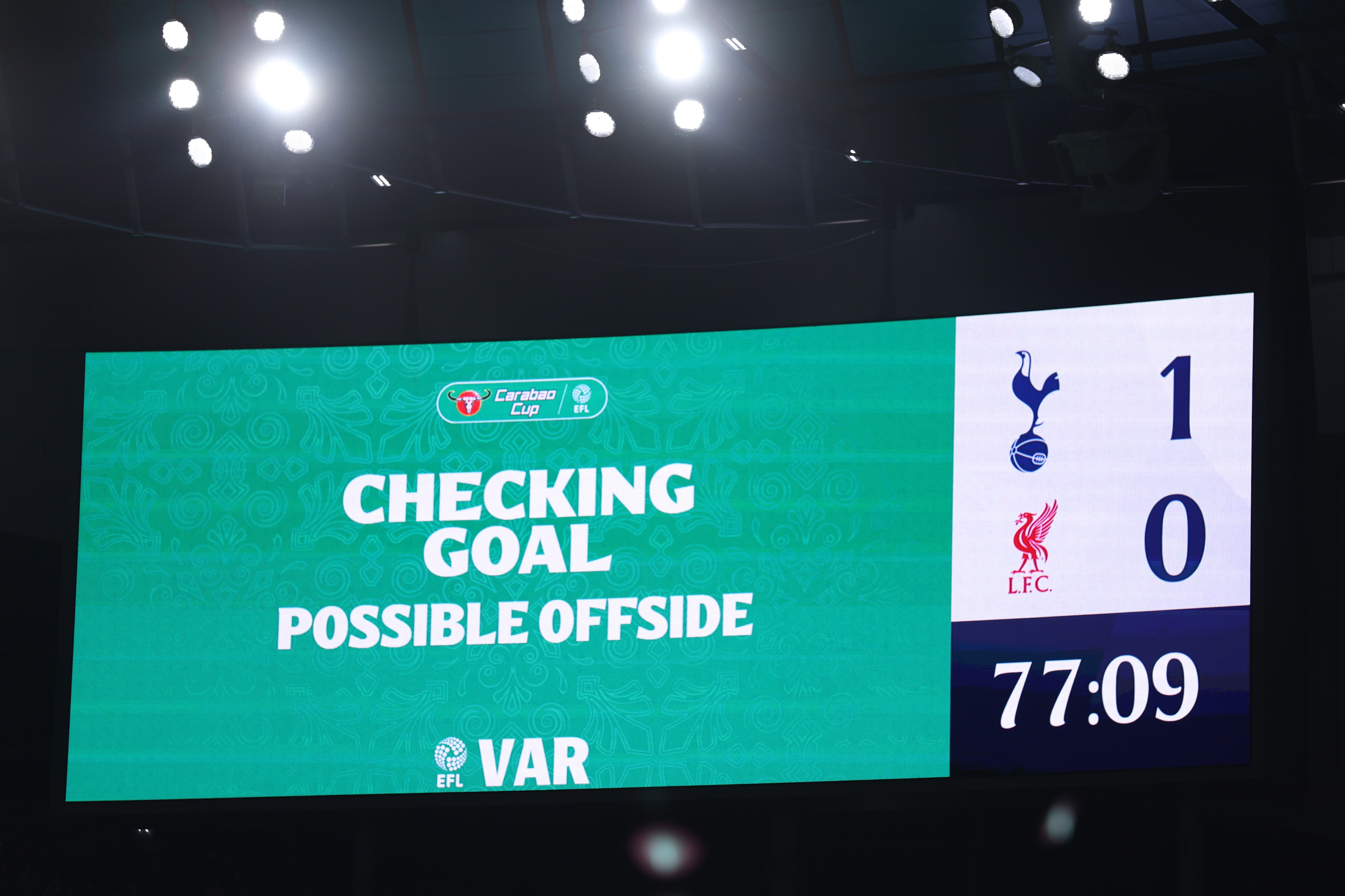 VAR is used during the Carabao Cup Semi Final First Leg match between Tottenham Hotspur and Liverpool at Tottenham Hotspur Stadium