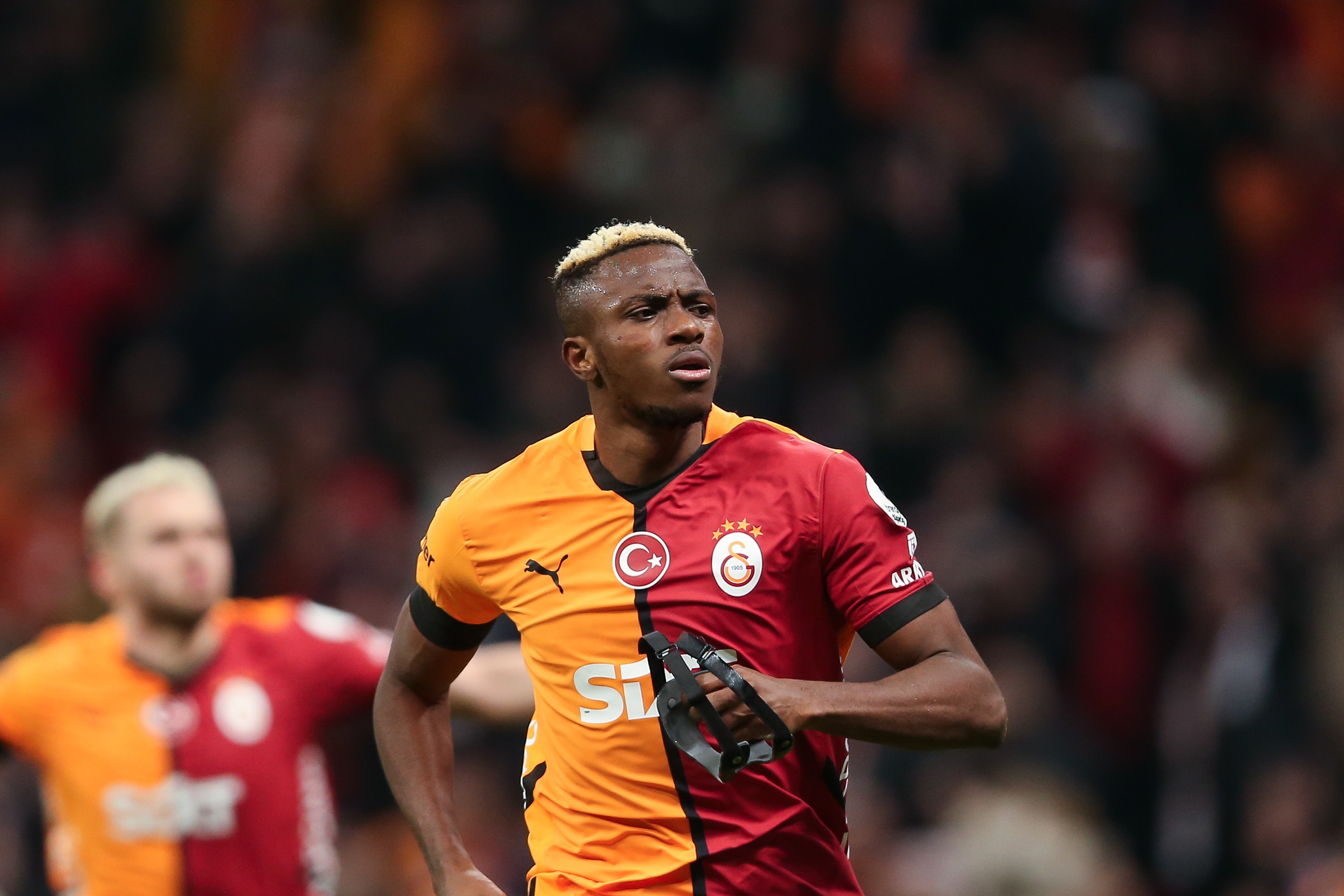 Victor Osimhen of Galatasaray celebrates after scoring his teams first goal during the Turkish Super League match against Konyaspor