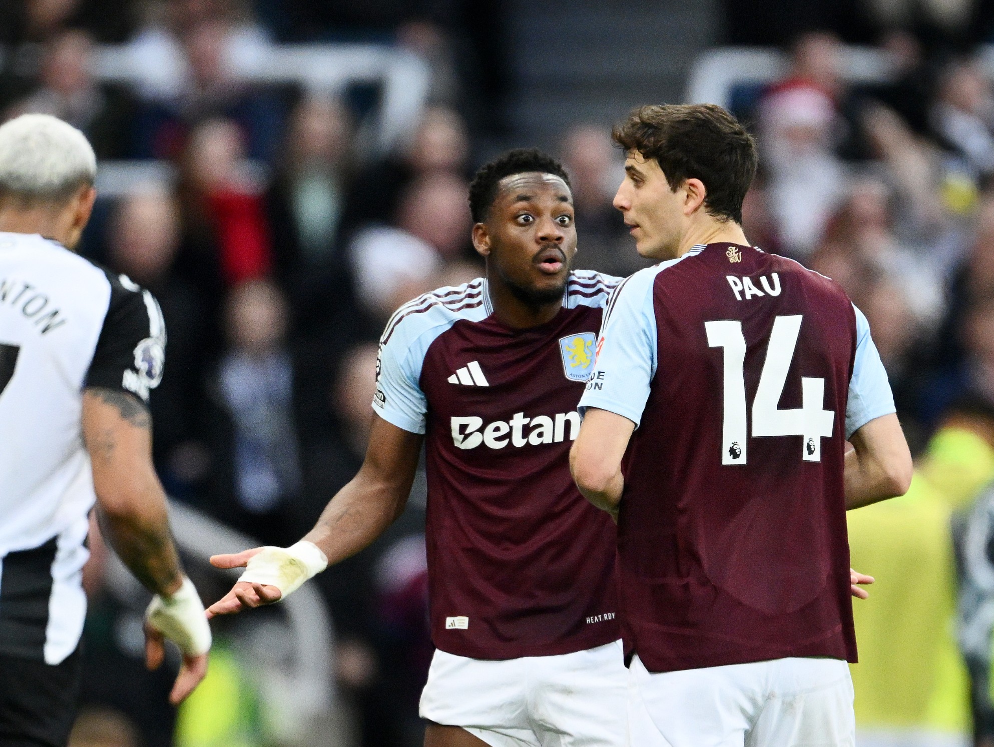 Jhon Duran of Aston Villa reacts after receiving a red card