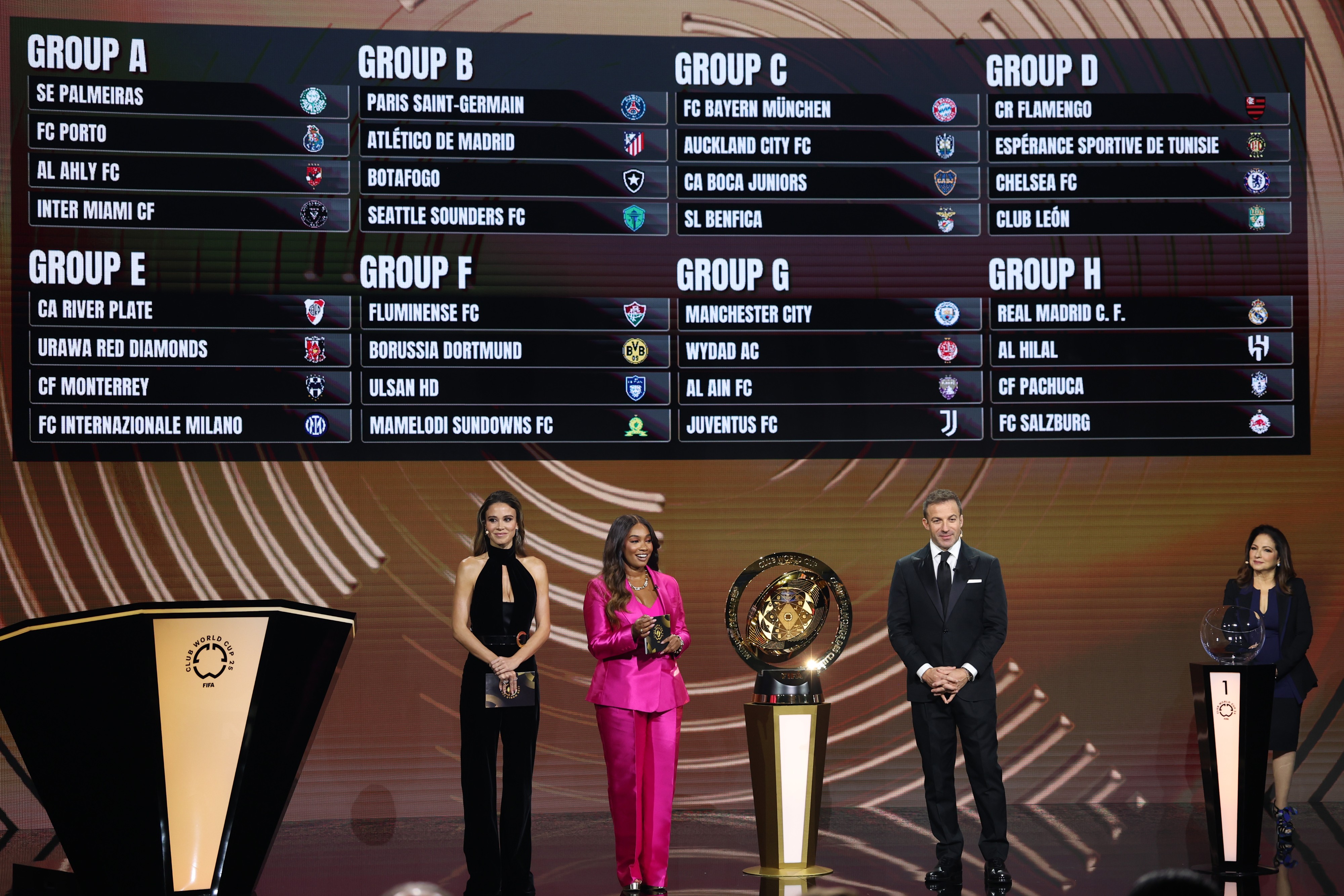 A general view inside the venue as the LED screen displays the final groups during the 2025 FIFA Club World Cup Draw