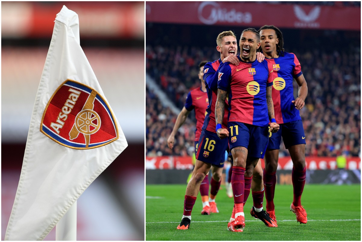 Arsenal flag and Raphinha celebrating a goal for Barcelona