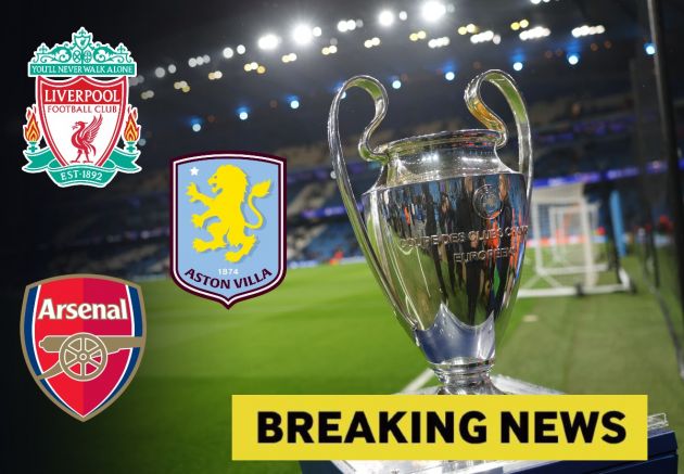 Champions League trophy with club logos and breaking news banner