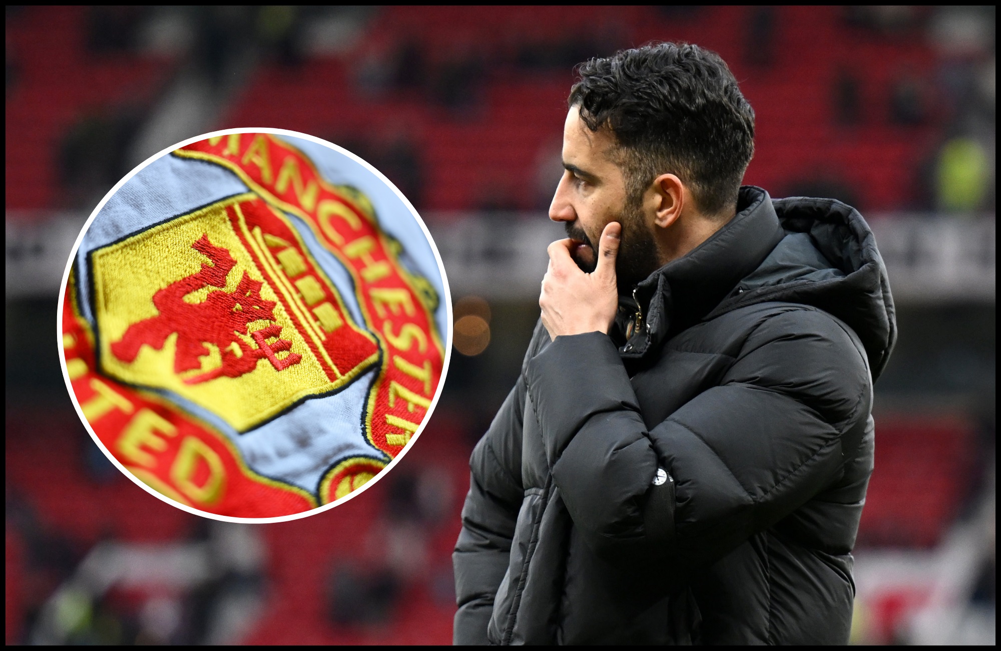 Ruben Amorim scratches his chin looking at Manchester United club crest.