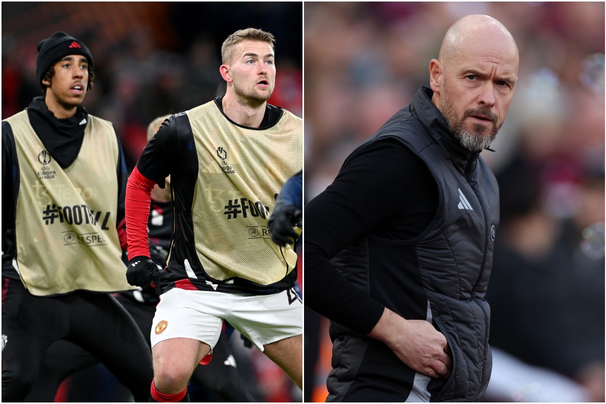 Leny Yoro, Matthijs de Ligt and Erik ten Hag