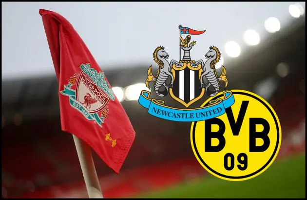 Liverpool flag waves in the wind next to Newcastle and Dortmund club crests.